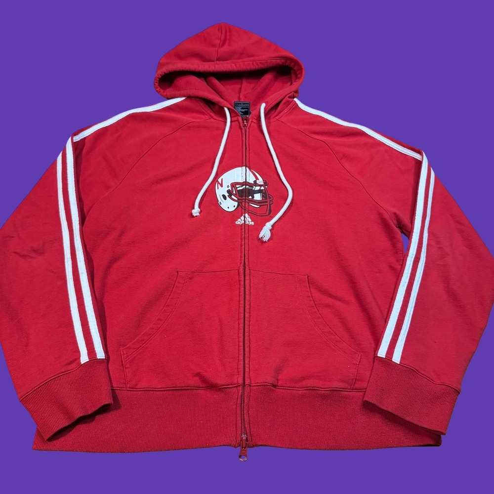 Adidas Nebraska Huskers Full Zip Hoodie Mens Striped Helmet Logo Y2K College